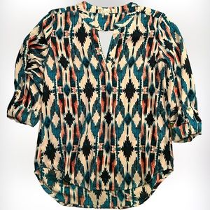 Penelope Chilvers Pretty Blue & Orange Aztec Pattern Blouse SZ M